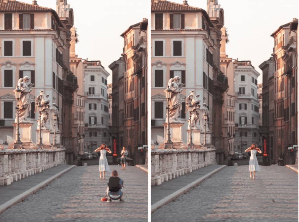 woman in a white dress walking across a cobble stoned bridge