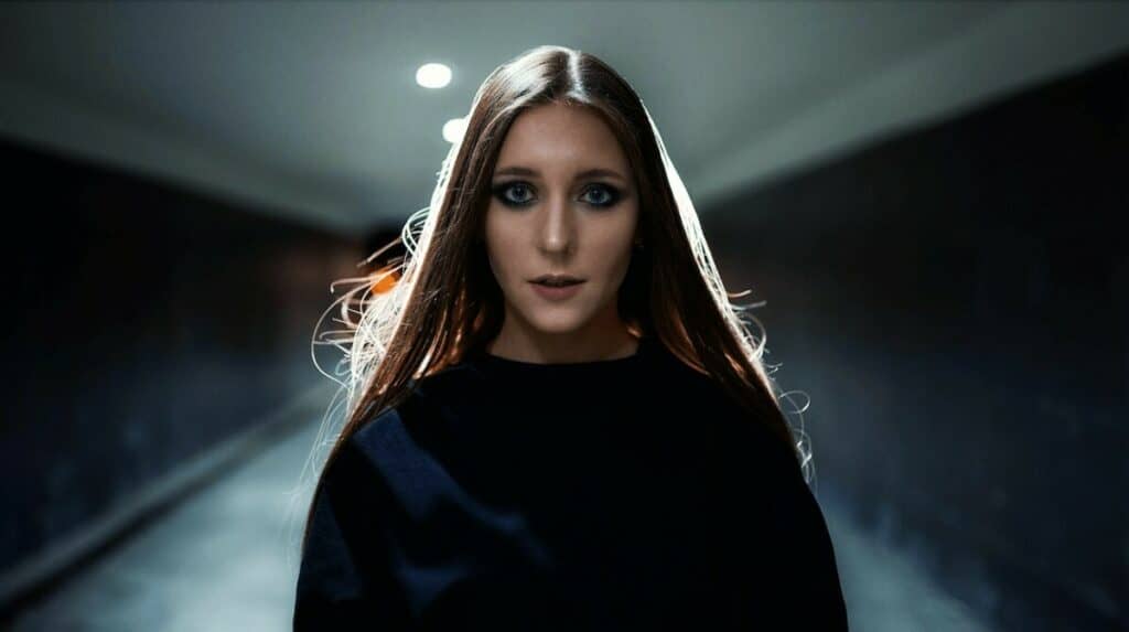 woman wearing witch makeup standing in a dark hallway