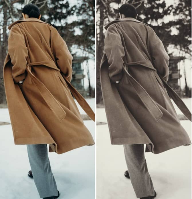 woman walking in camel trench