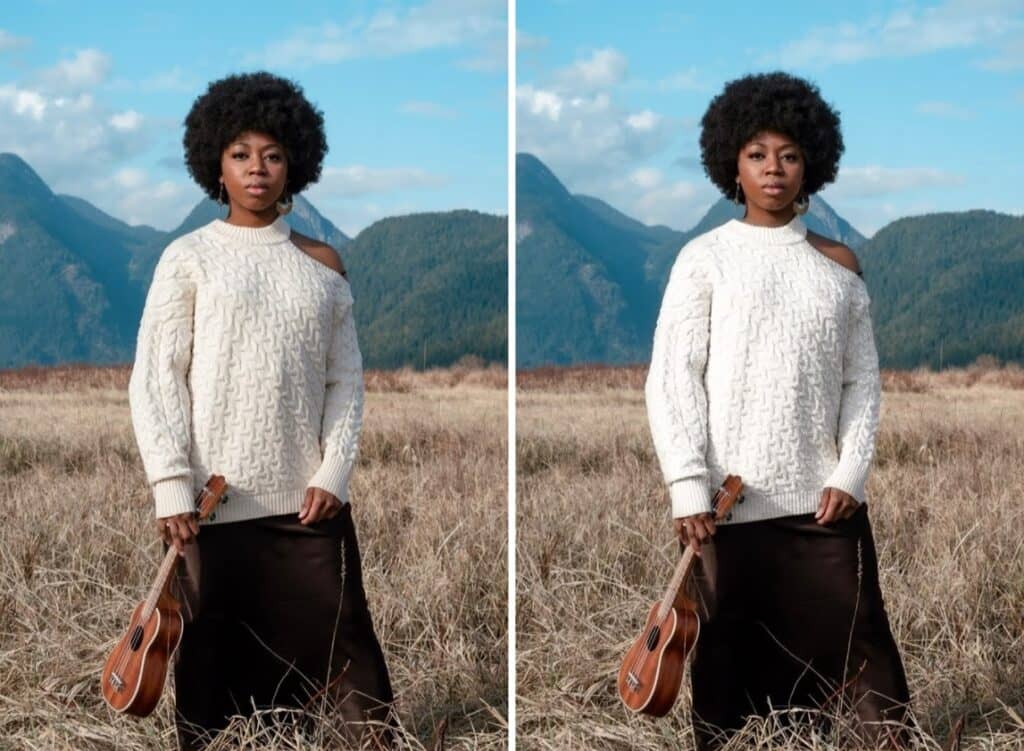 woman with an afro and ukelele