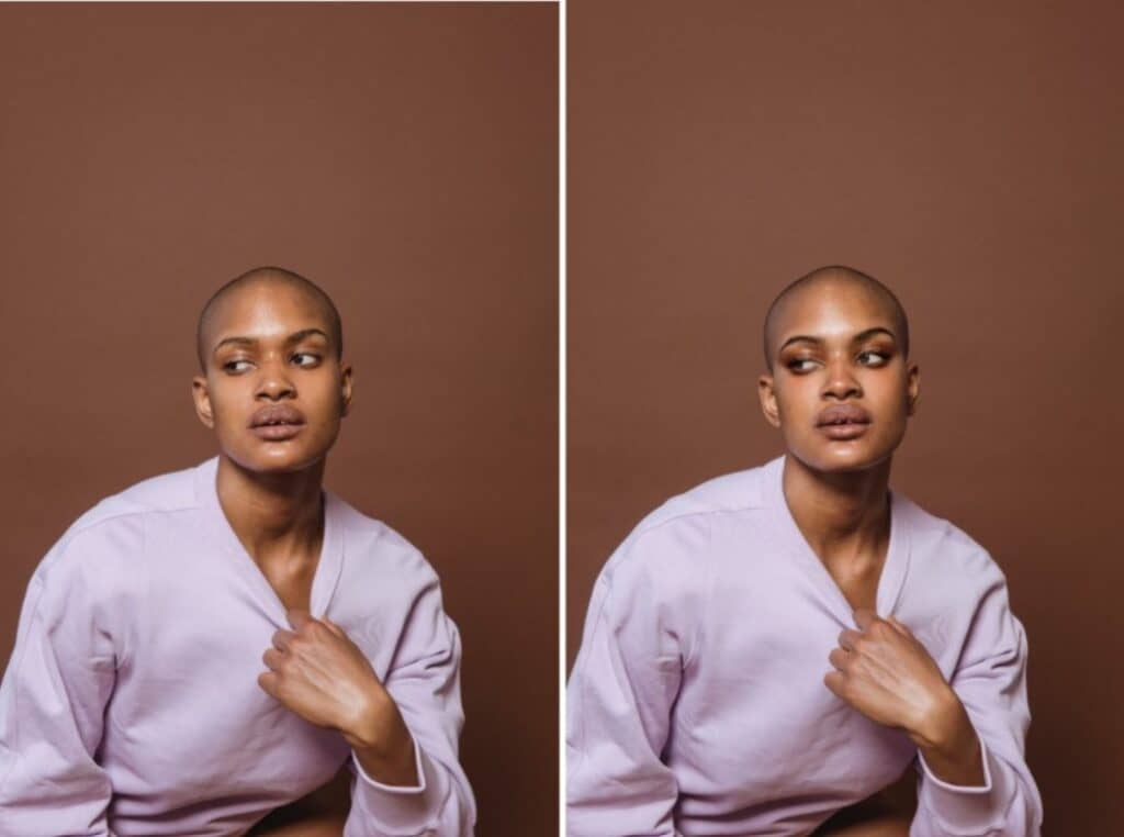 woman in lilac top