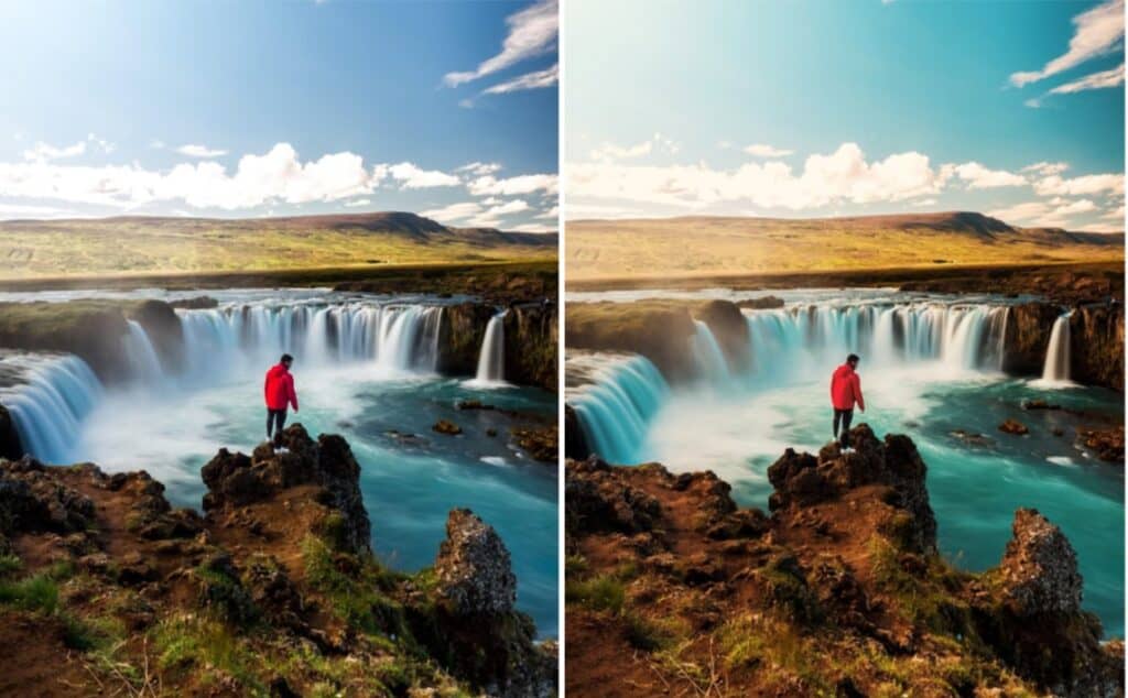 man standing over waterfall