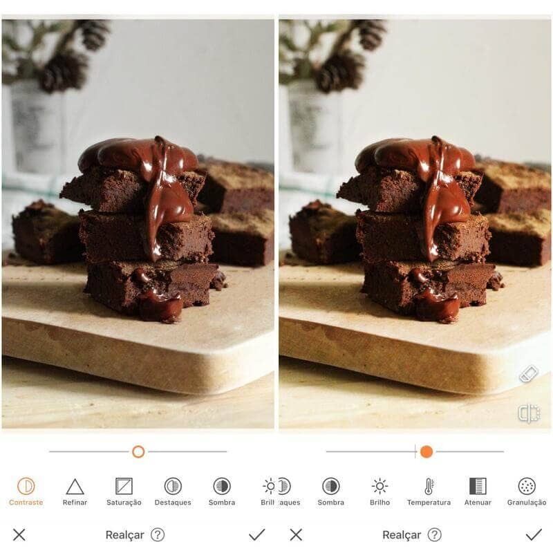 Foto de brownie de chocolate, com calda de chocolate por cima, sendo editada com o app do AirBrush