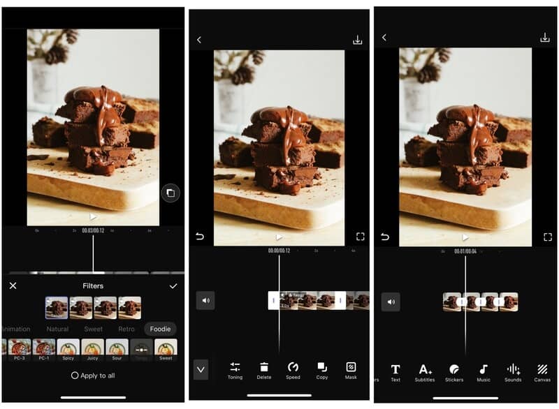 Foto de brownie de chocolate, com calda de chocolate por cima, sendo editada com o app do AirBrush Video