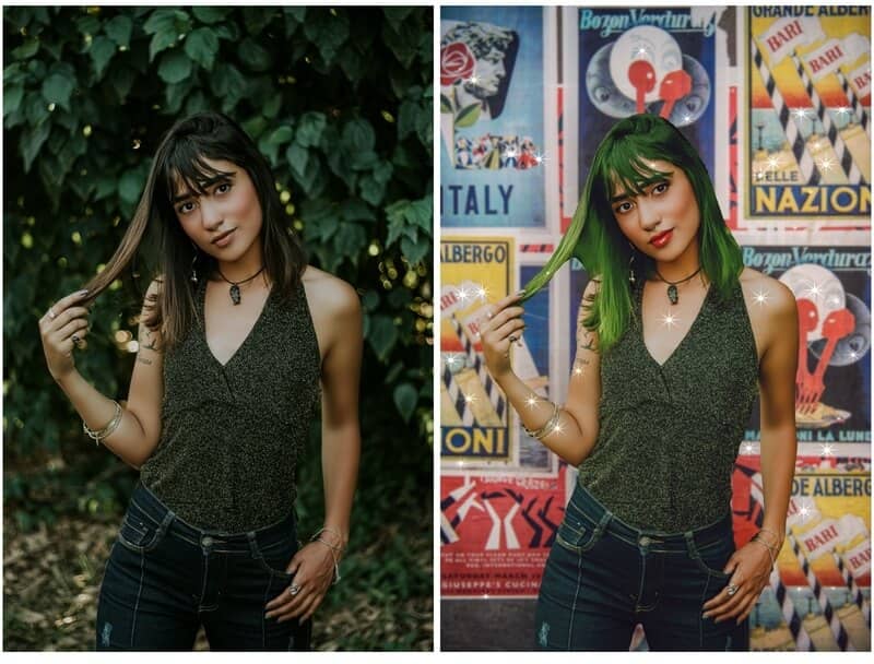 Antes e depois de uma edição feita com o AirBrush